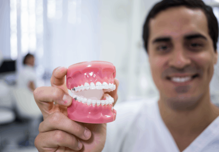 רופאה שיניים מציג שיניים רפואיות מדומות